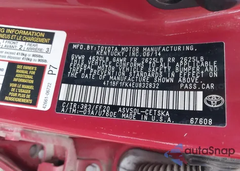 2014 Toyota Camry L из США, поврежденный, VIN 4T1BF1FK4EU832832